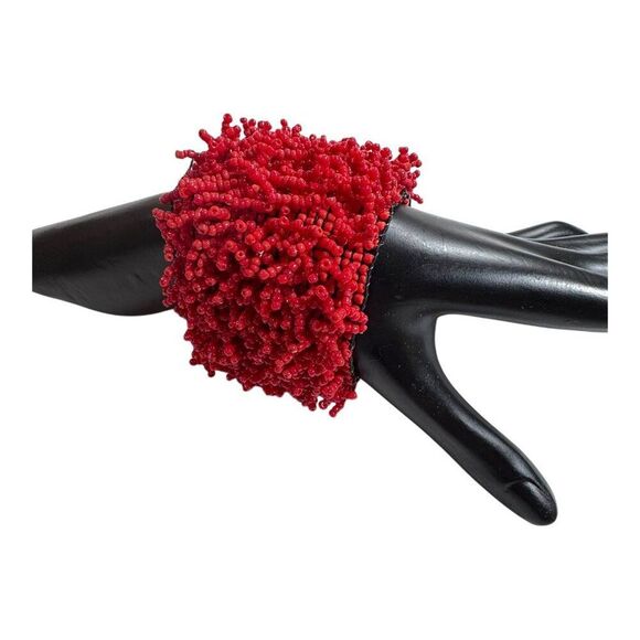 Handmade Red Beaded Stretch Cuff Bracelet Coral Look Beach Boho Wide Statement - Picture 3 of 5